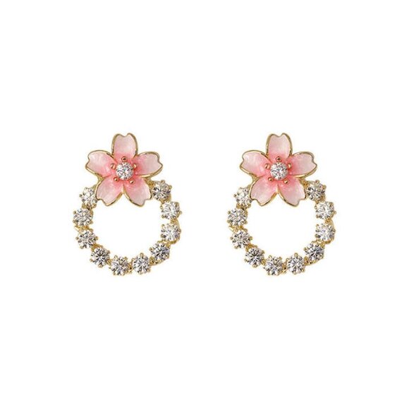 Pink Floral Studs Cute Enamel Vintage Korean Style Fashion Flower Earrings set - Picture 2 of 2